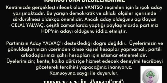 HDP VAN: VANTSO adayı Yalvaç’ı desteklediğimiz doğru değildir